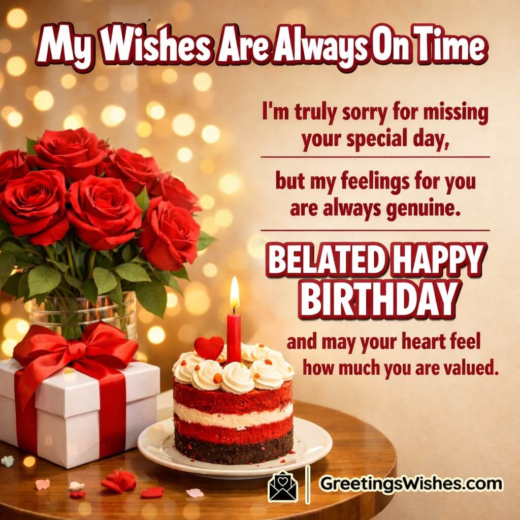 Heartfelt Belated Birthday Message image featuring red roses a gift box a small cake and warm fairy lights symbolizing sincere apology and heartfelt affection