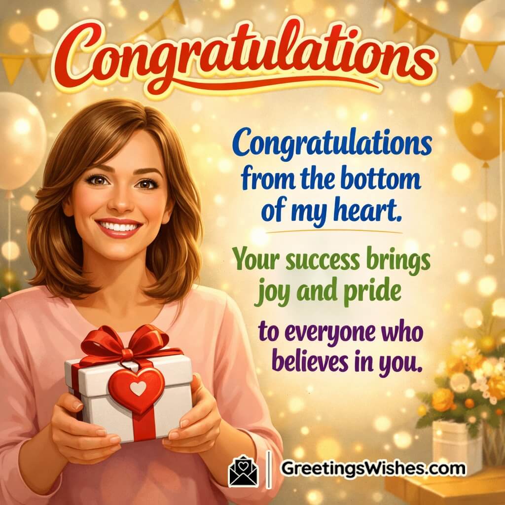 Heartfelt congratulations message image featuring a warm smile with a small gift and soft lights, symbolizing pride, support, and shared happiness.