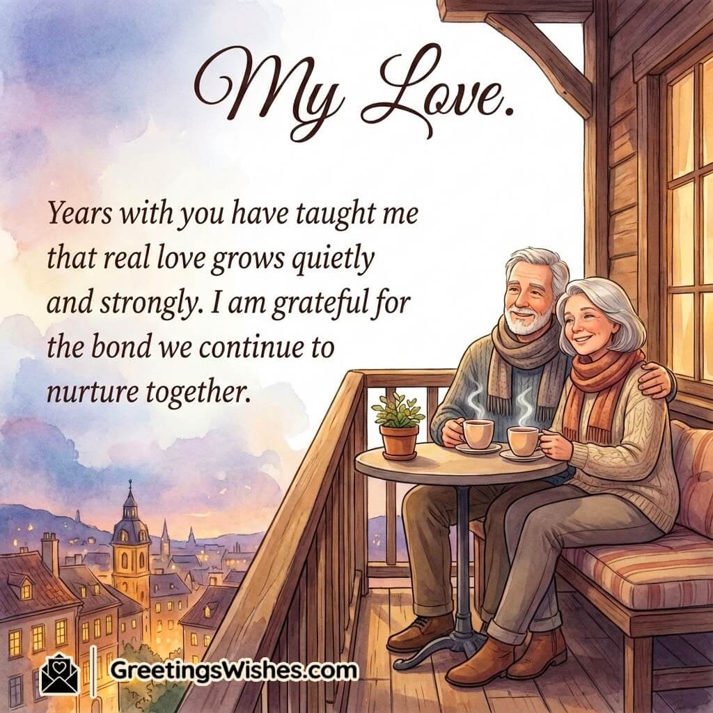 Heartfelt Messages For Long Term Love Image featuring a couple sharing a peaceful balcony moment with warm cups, symbolizing lasting love and gratitude.