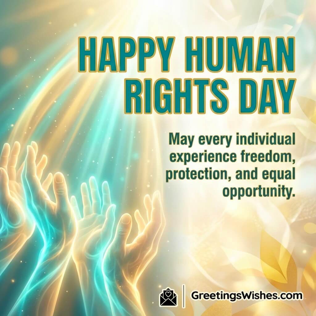 Human Rights Day freedom and equality wish image featuring a bright hopeful background with symbolic light representing protection fairness and equal opportunity.