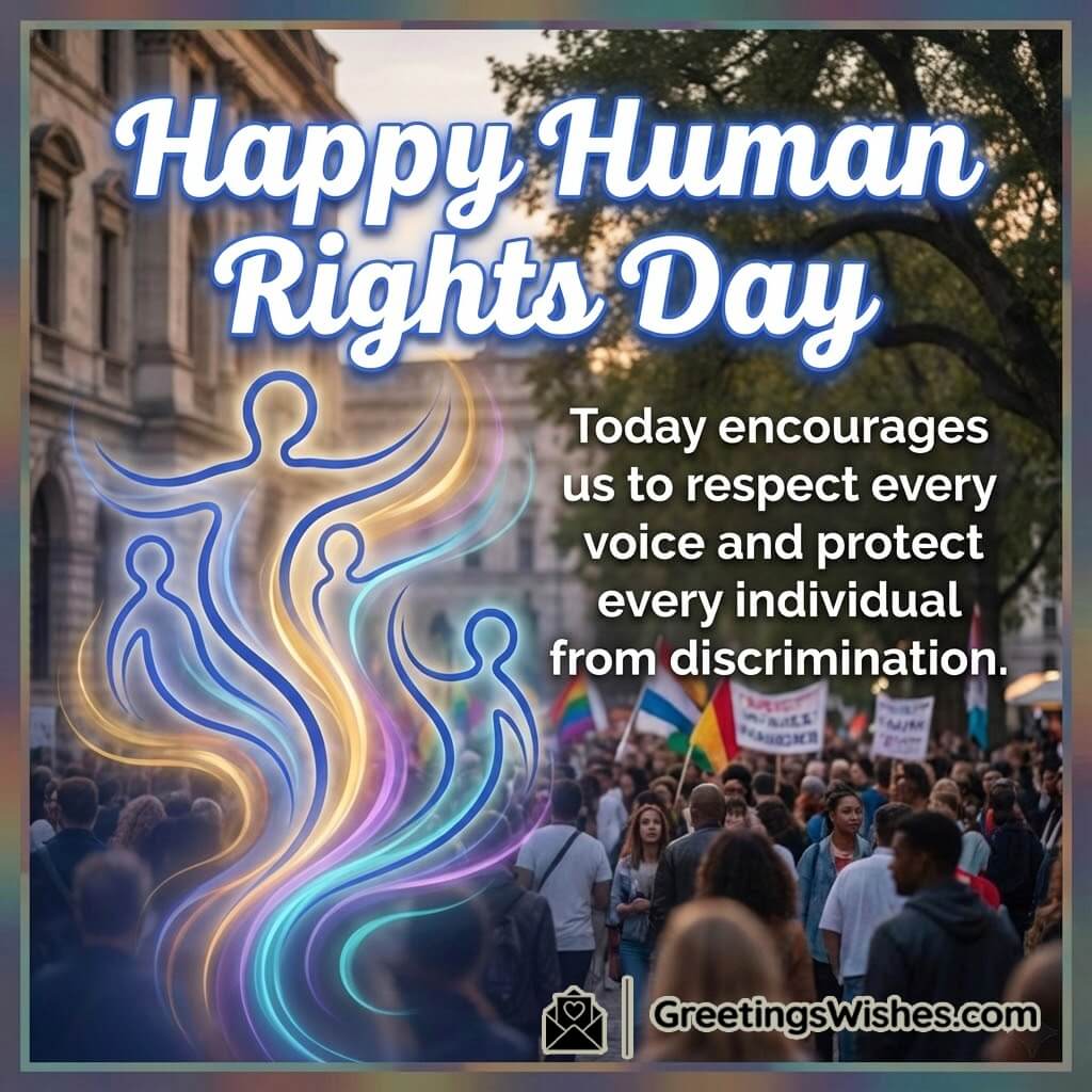 Human Rights Day Respect And Anti Discrimination Message image featuring a colourful hopeful background symbolizing dignity inclusion and protection of every voice.