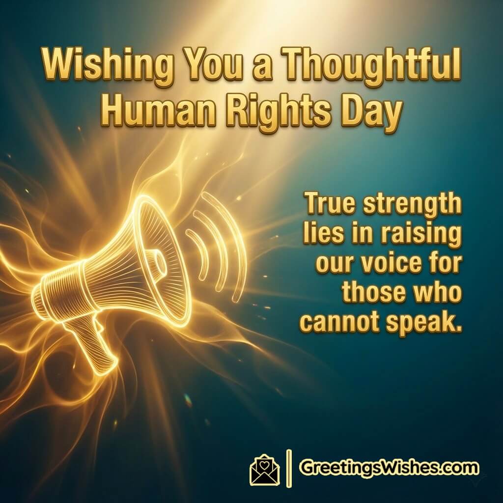 Human Rights Day Voice For The Voiceless Quote image featuring a bright awareness background with symbolic light representing courage advocacy and thoughtful reflection.