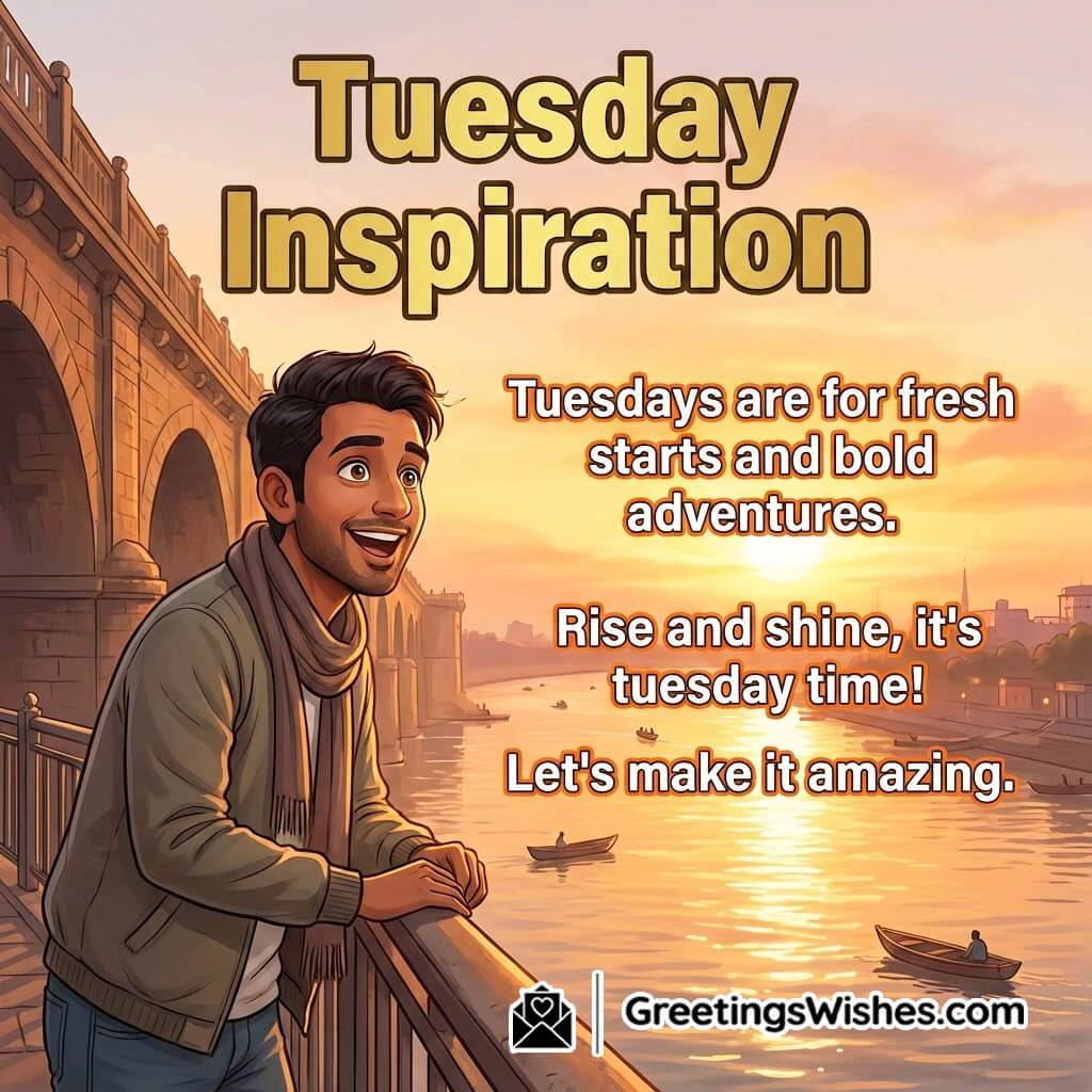 Inspirational Tuesday Morning Caption Image featuring a sunrise river scene, symbolizing courage, renewal, and positive momentum.