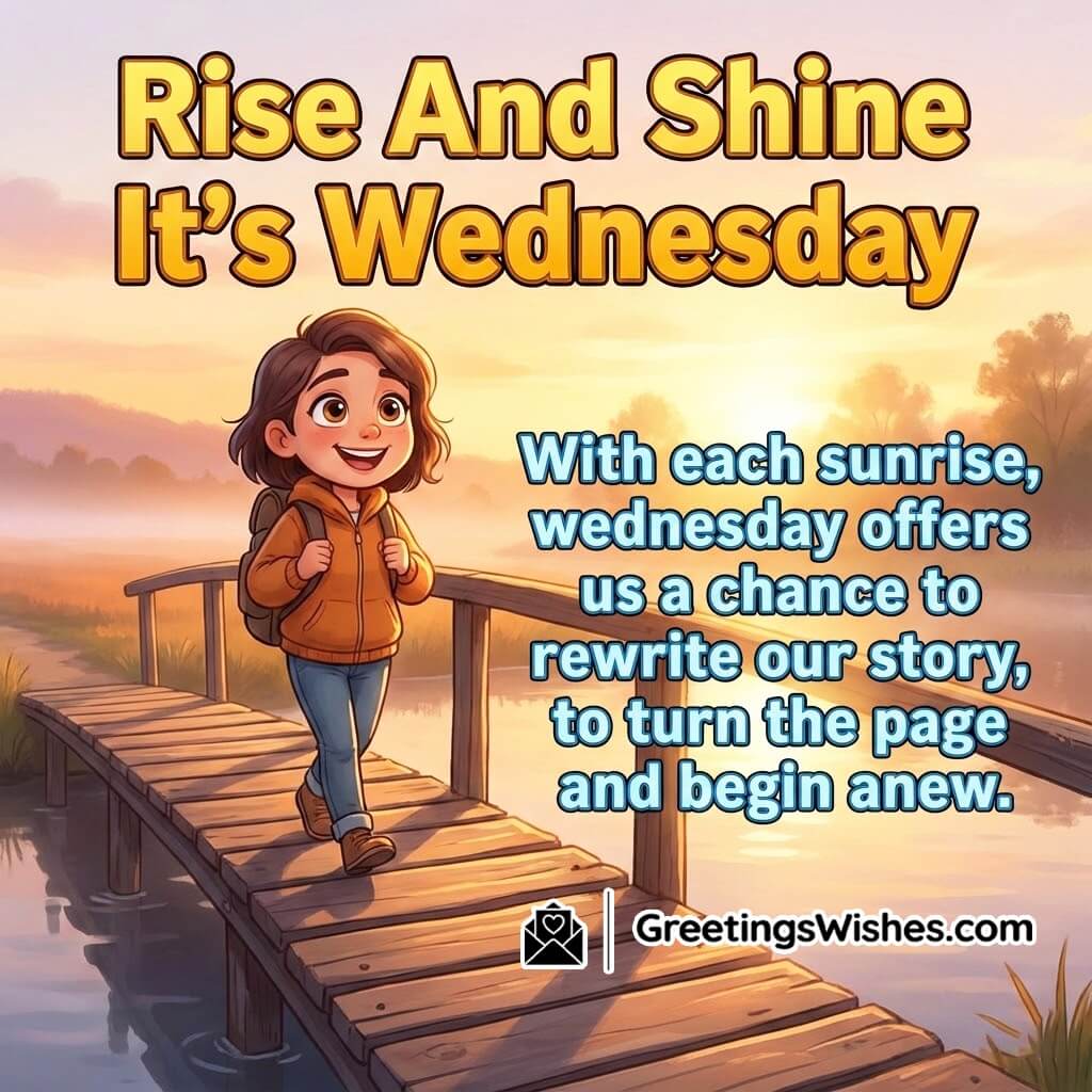 Inspirational Wednesday Morning image featuring a sunrise bridge scene, symbolizing renewal, new beginnings, and hopeful energy.