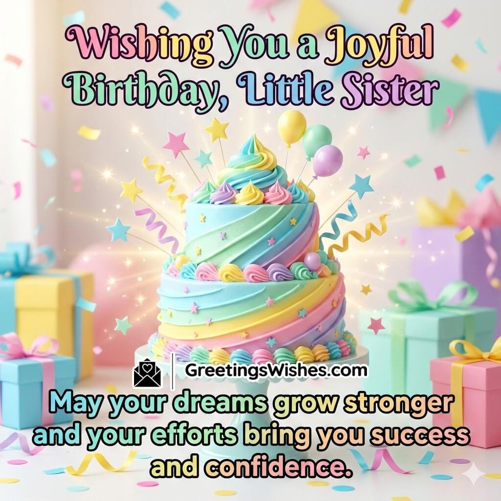 Joyful birthday wishes for little sister image featuring bright uplifting birthday elements symbolizing dreams confidence and positive growth.