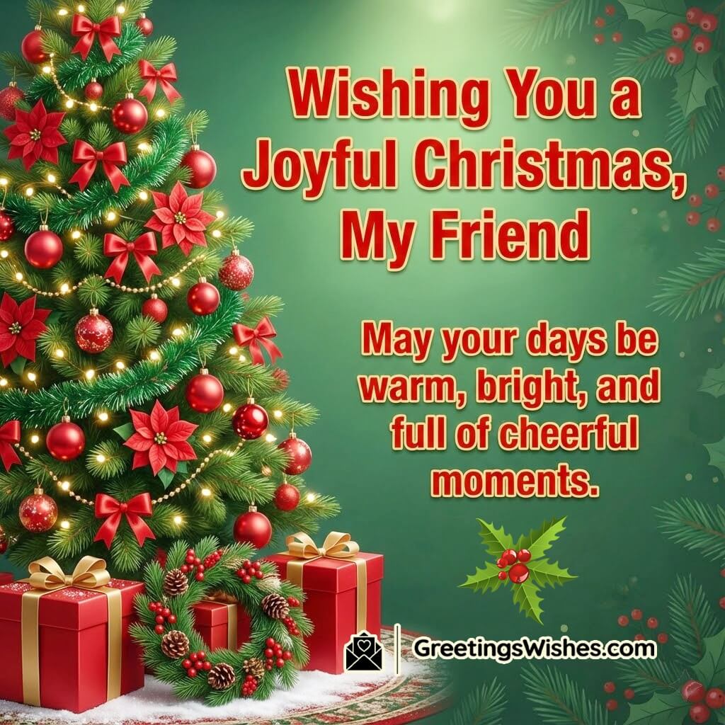 Joyful Christmas my friend message image featuring a deep forest green festive background with bright red holiday accents symbolizing warmth brightness and cheerful moments.
