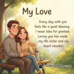 Love Greetings For Your Life Partner image featuring a couple sharing a peaceful morning moment in a park, symbolizing gratitude, emotional security, and gentle love.