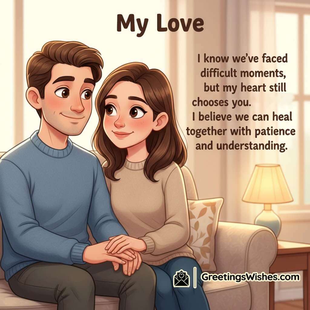 Love Messages For Reconciliation And Healing Image for Couple featuring a couple sitting close on a cozy sofa under warm light, symbolizing forgiveness, patience, and emotional healing.