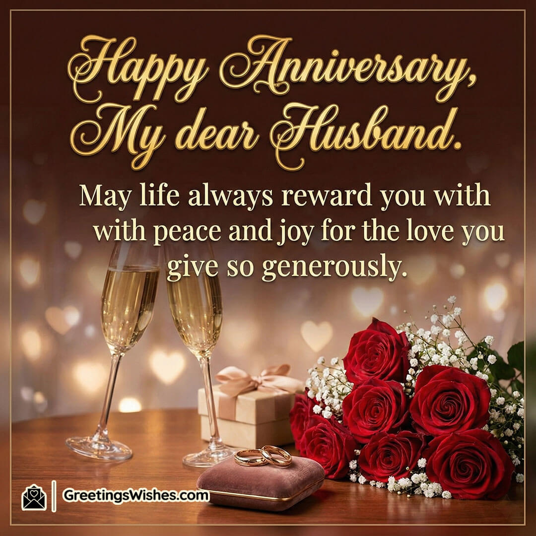 Loving Anniversary Messages For Husband image featuring champagne glasses red roses a gift box and rings on a warm table with heart bokeh lights, symbolizing gratitude romance and joyful blessings.