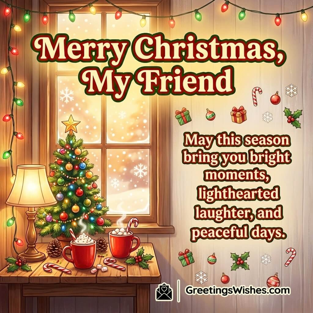 Merry Christmas my friend warm wishes image featuring cheerful festive decorations with soft lights symbolizing bright moments laughter and peaceful days.