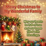 Merry Christmas family blessings image featuring a warm festive fireplace corner with stockings garlands and soft golden light symbolizing love warmth and holiday blessings.