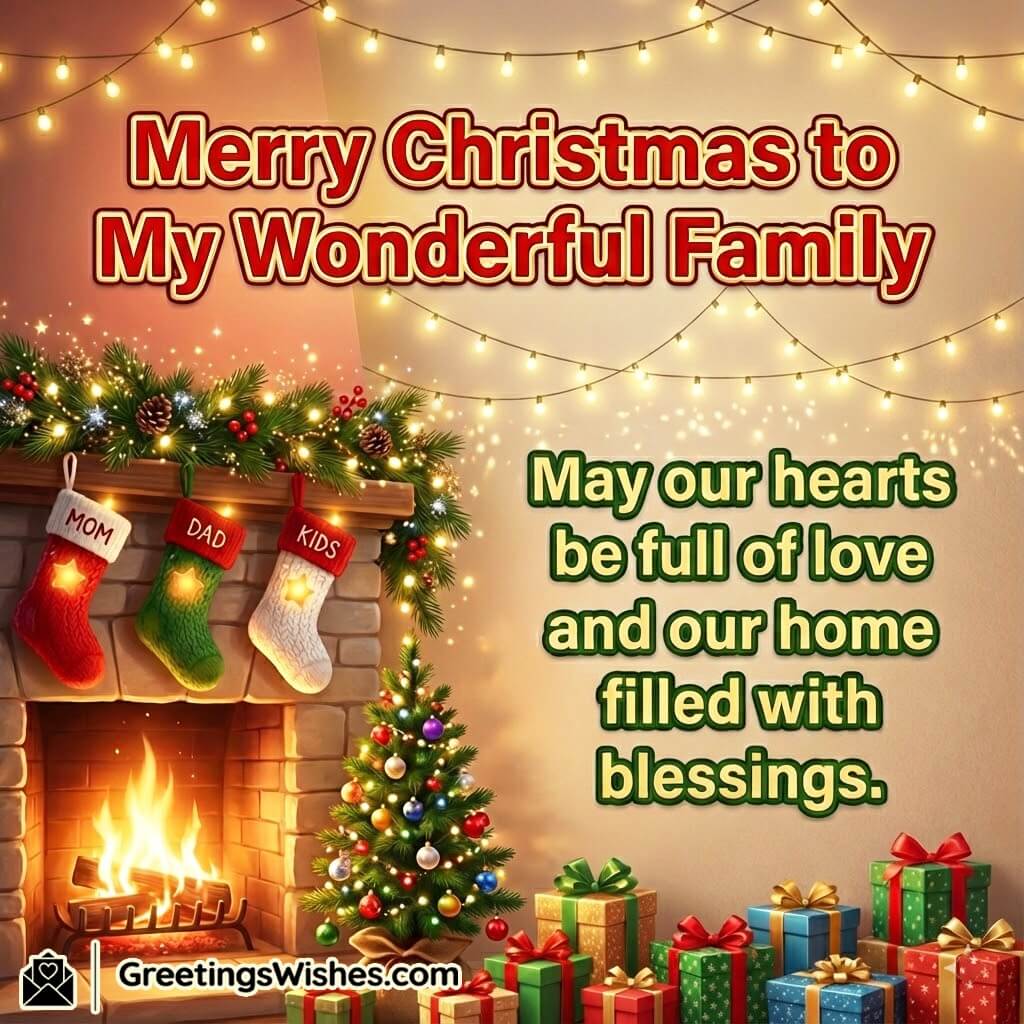 Merry Christmas family blessings image featuring a warm festive fireplace corner with stockings garlands and soft golden light symbolizing love warmth and holiday blessings.