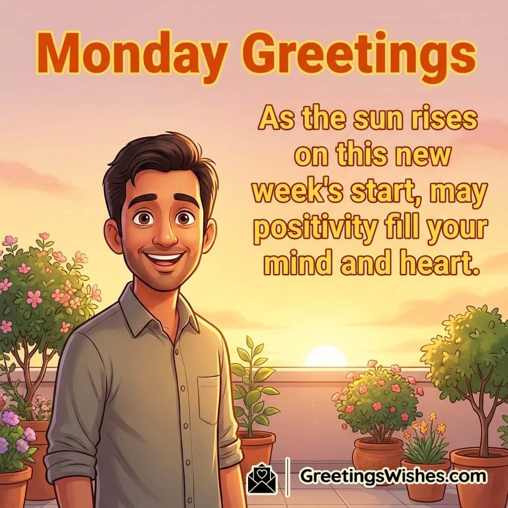 Monday greetings image featuring a warm rooftop sunrise scene, symbolizing clarity, optimism, and a refreshed start to the new week.