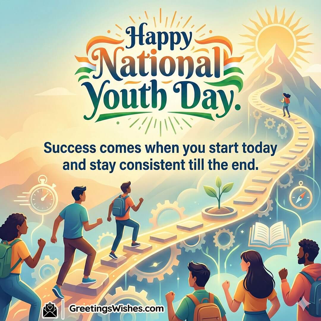National Youth Day Success Quote image featuring young learners climbing a staircase path toward a sunlit peak with gears a sprout and a book, symbolizing consistency hard work and achievement.