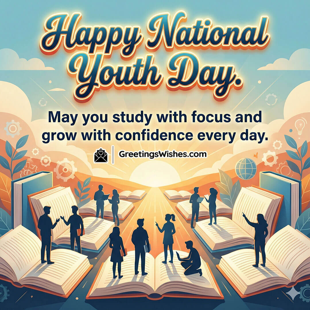 National Youth Day Study Message image featuring a bright sunrise over open books with student silhouettes and learning icons, symbolizing focus confidence and academic growth.