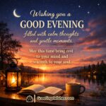 Good Evening message image featuring a peaceful lakeside sunset with warm lantern light, a cup of tea, and a calm evening atmosphere symbolizing rest and inner peace.