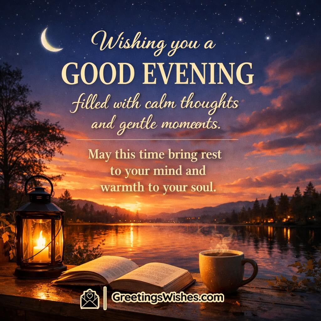 Good Evening message image featuring a peaceful lakeside sunset with warm lantern light, a cup of tea, and a calm evening atmosphere symbolizing rest and inner peace.