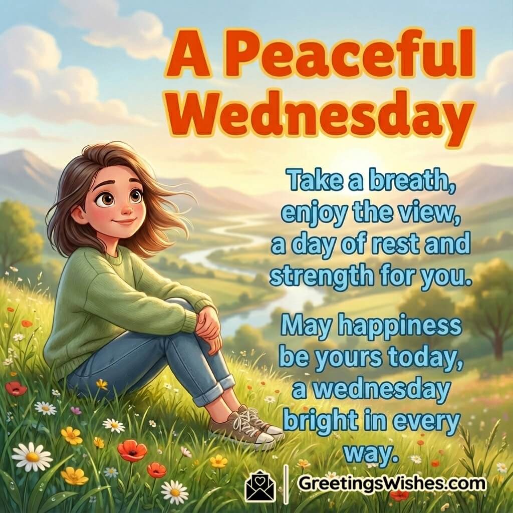 Peaceful Wednesday Morning Greeting featuring a calm hillside view, symbolizing rest, happiness, and gentle strength.