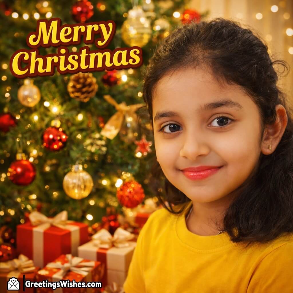 Personalised Merry Christmas Kid Beside Christmas Tree