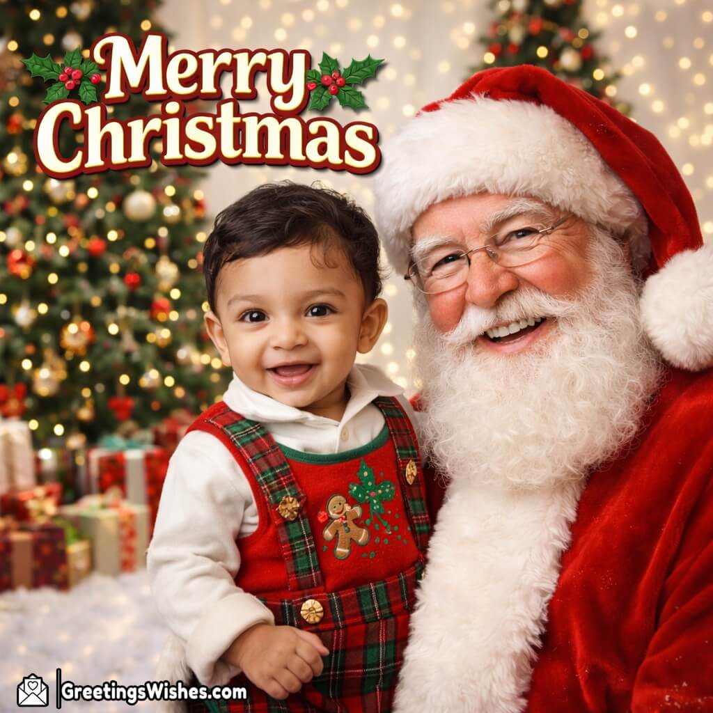 Personalised Merry Christmas Kid With Santa Photo