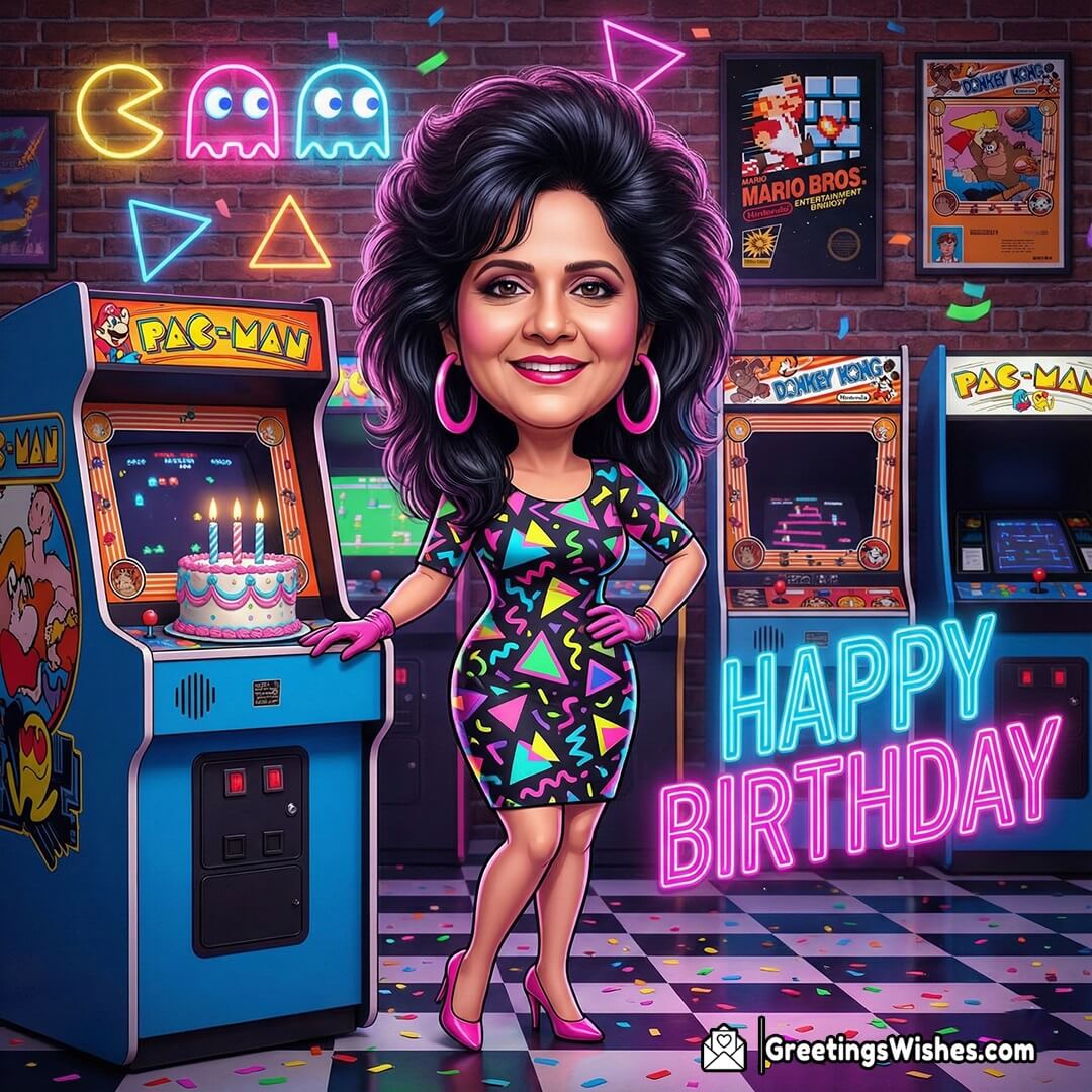 Personalised Retro Arcade Happy Birthday Caricature Photo