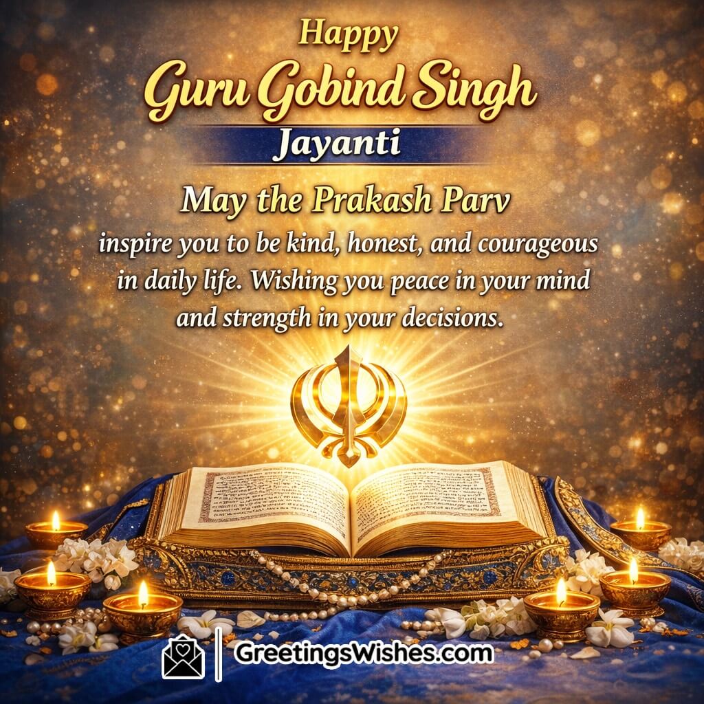Prakash Parv Guru Gobind Singh Jayanti image featuring sacred Sikh symbols and divine light symbolizing courage honesty inner peace and strength.