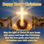 Religious Merry Christmas Message image featuring a calm festive setting with soft divine light and Christmas decor symbolizing spiritual joy peace and hope.