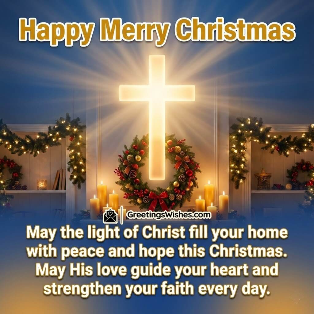 Religious Merry Christmas Message image featuring a calm festive setting with soft divine light and Christmas decor symbolizing spiritual joy peace and hope.