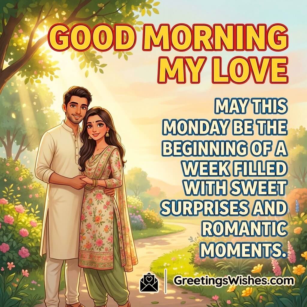 Good morning monday romantic wish image featuring a loving couple in a bright garden scene, symbolizing affection, warmth, and a joyful start to the week.