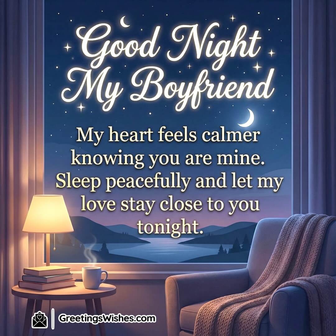 Romantic Good Night Messages For Boyfriend image featuring a cozy room window view with stars a tiny moon and warm lamp light near books and a cup, symbolizing comfort calmness and loving care at bedtime.