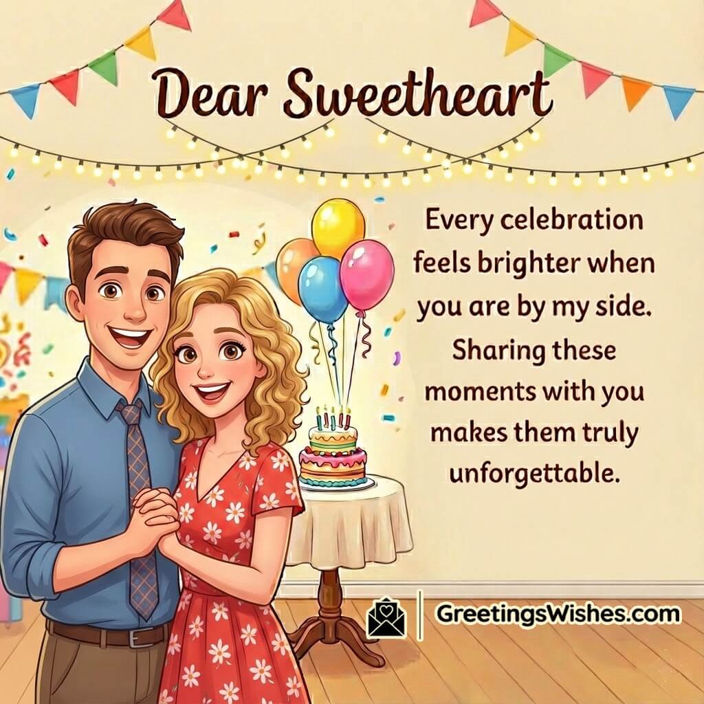 Romantic Greetings For Special Moments Image featuring a happy couple near a cake and warm lights, symbolizing togetherness, joy, and unforgettable moments.