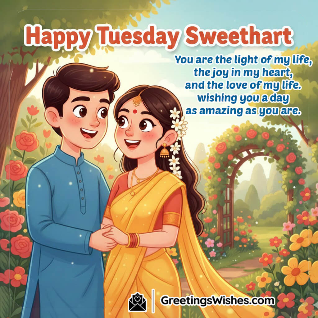 Romantic Happy Tuesday Wish Image featuring a loving couple in a bright garden, symbolizing affection, joy, and heartfelt connection.