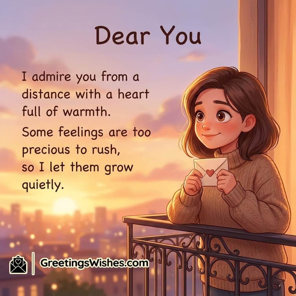 Romantic Lines From A Secret Admirer Image featuring a person holding a letter near a balcony at sunset, symbolizing quiet admiration, patience, and growing feelings.
