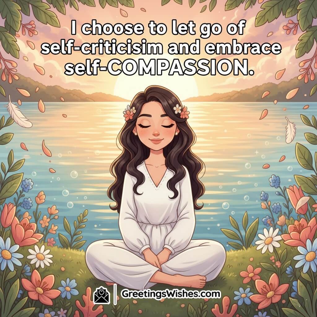 Self-compassion affirmation image with a lakeside scene and a decorative natural border symbolizing healing and gentleness.