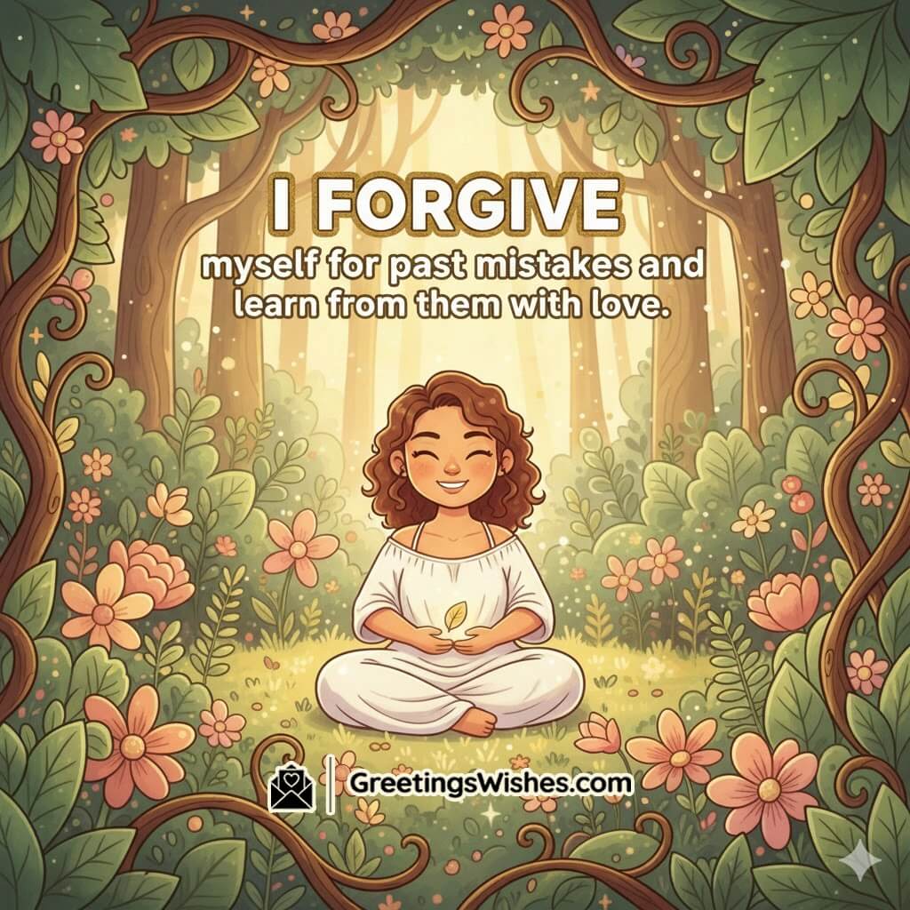 Self-forgiveness affirmation image with a forest glow and a gentle floral border symbolizing healing and inner peace.