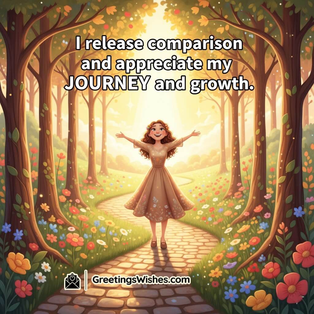 Self Growth Journey Affirmation Image with a sunrise path and a decorative natural border symbolizing growth and appreciation.