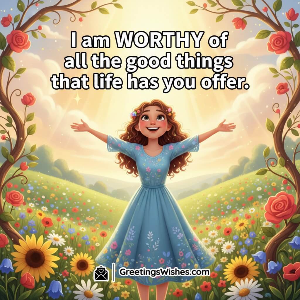 Self-worth affirmation image with a cheerful character in a sunny field and a decorative floral border symbolizing positivity and value.