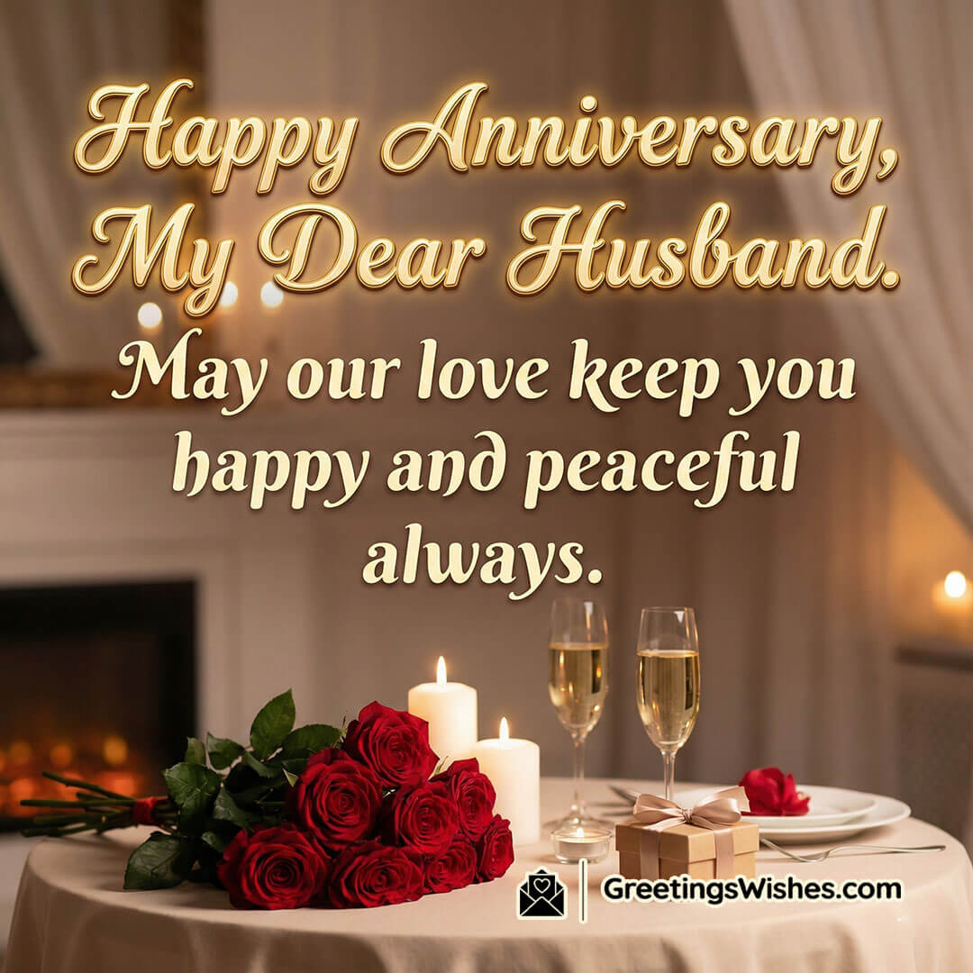 Short Anniversary Wishes For Husband image featuring a candlelit dinner table with red roses champagne and a small gift in a cozy setting, symbolizing calm happiness and loving care.