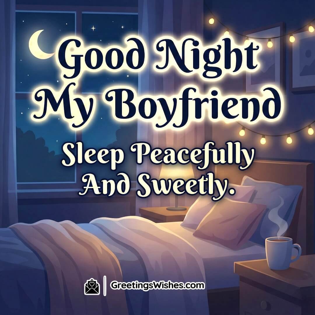 Short Good Night Texts For Boyfriend image featuring a soft bedroom scene with fairy lights a glowing lamp and a moonlit window, symbolizing gentle rest and a sweet dreamy night.