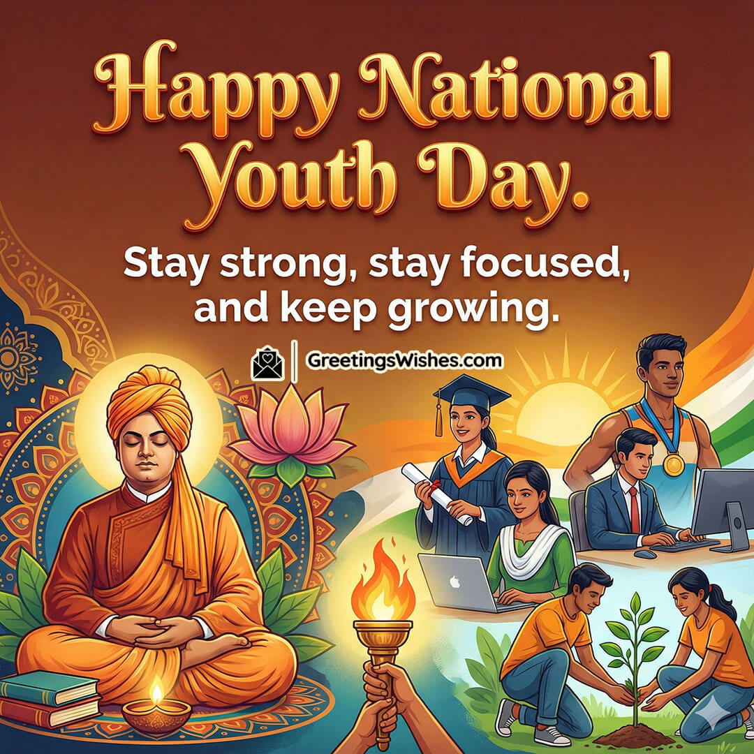 National Youth Day Motivation Message image featuring Swami Vivekananda in calm meditation with a lotus and torch plus youth learning graduating working and planting a sapling, symbolizing strength purpose and positive growth.