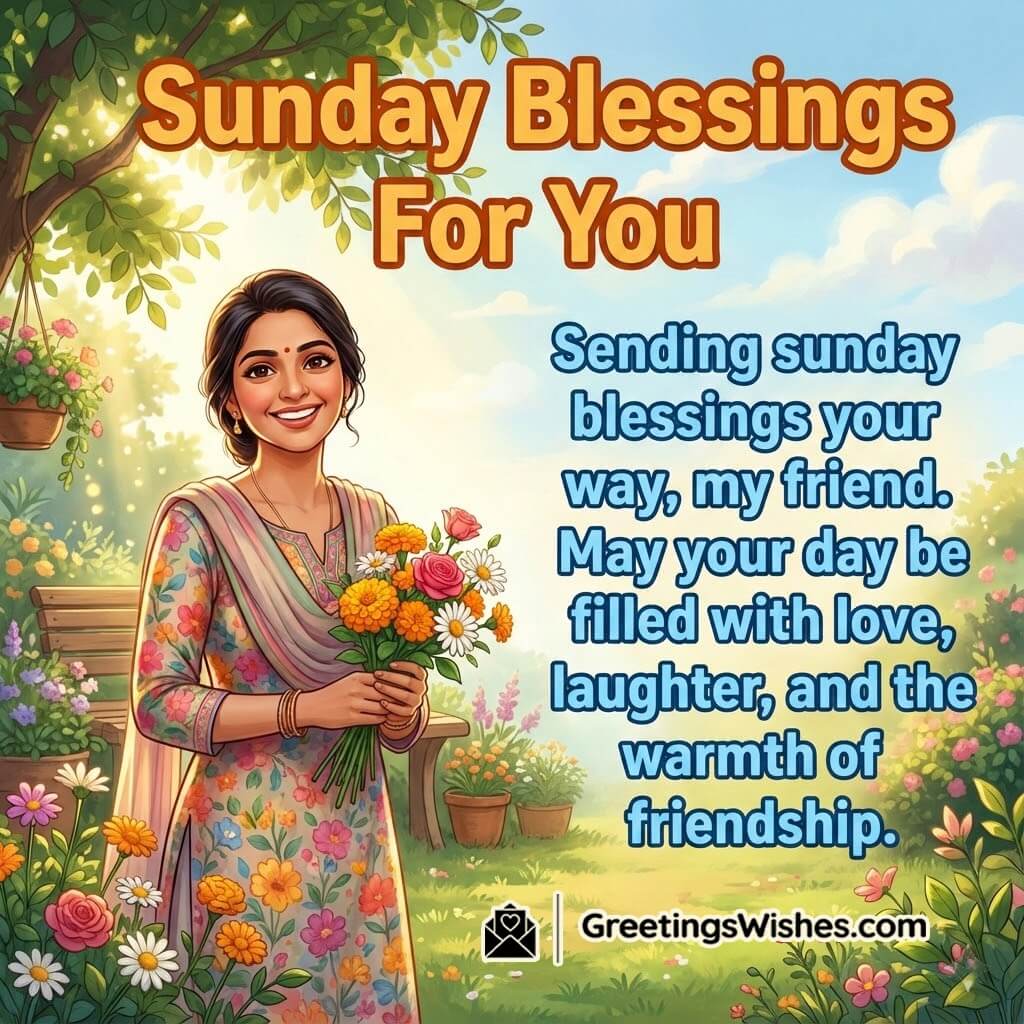 Sunday Blessings Wish Image For Friend featuring a cheerful garden scene, symbolizing warmth, joy, and heartfelt friendship.