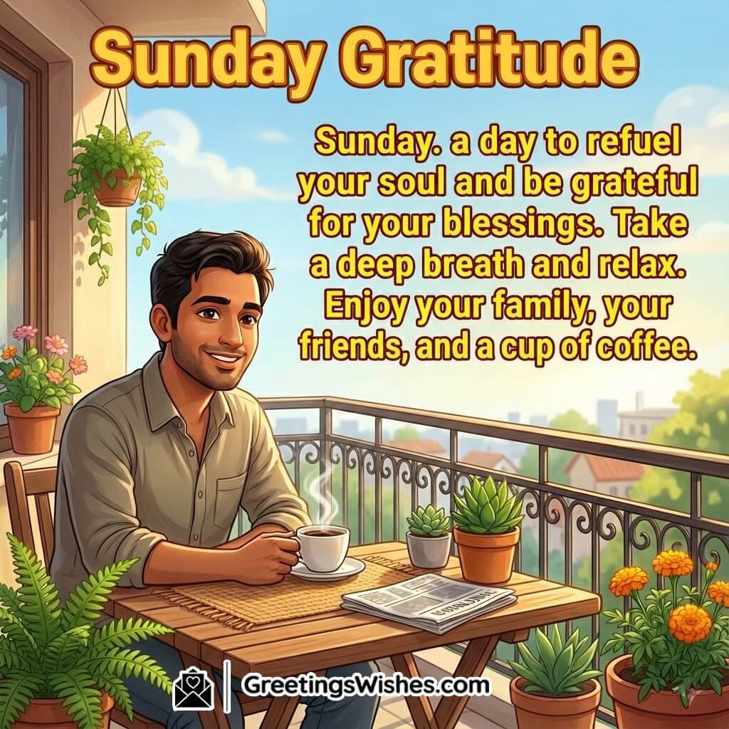 Sunday Gratitude Morning Quote Image featuring a cosy balcony coffee scene, symbolizing relaxation, thankfulness, and peaceful weekend moments.
