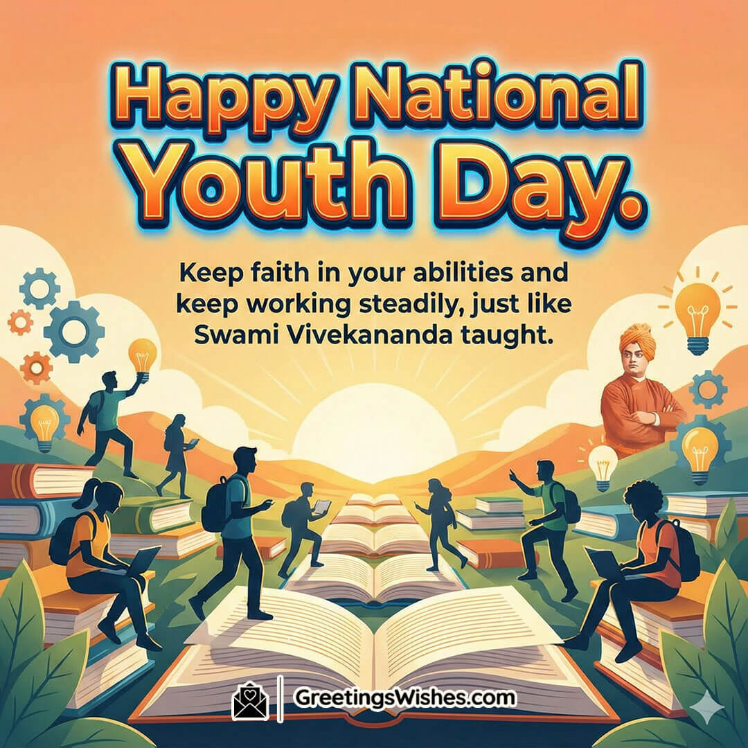 National Youth Day Vivekananda Message image featuring students with backpacks on stacked books with idea bulbs and a Swami Vivekananda portrait, symbolizing self belief discipline and steady progress.