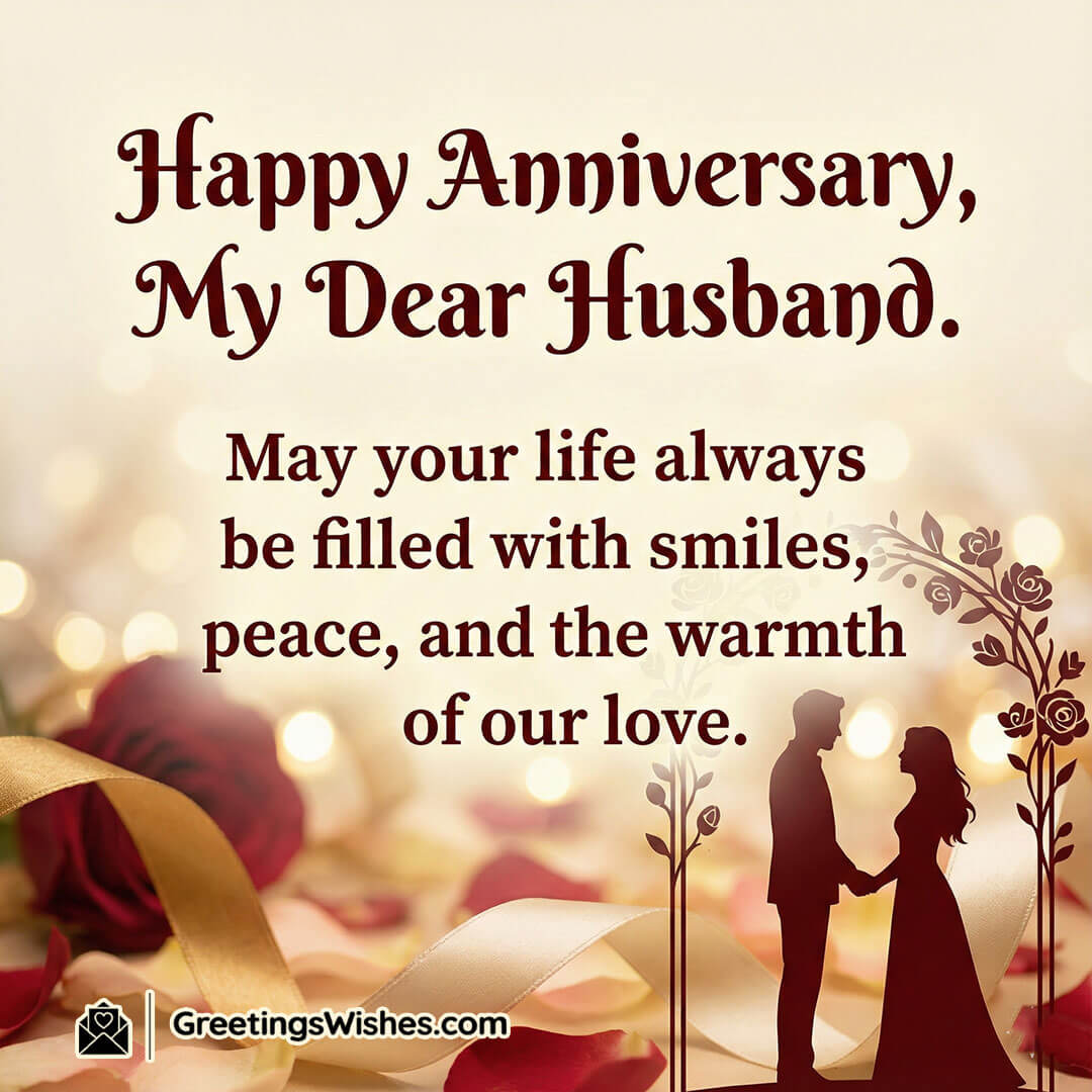 Sweet Anniversary Wishes For Husband image featuring a romantic soft bokeh background with roses ribbon petals and a couple silhouette holding hands, symbolizing warmth peace and lasting devotion.