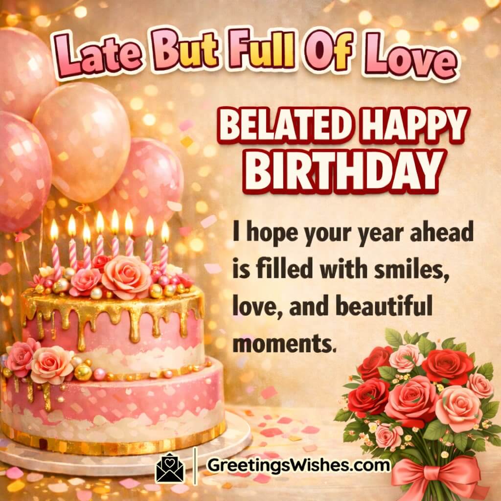 Sweet Belated Birthday Wishes image featuring a pink and gold cake with glowing candles blush balloons and soft confetti symbolizing warm love and joyful late wishes
