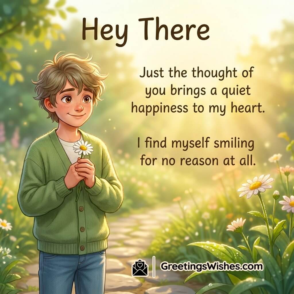 Sweet Love Greetings For A Crush Image featuring a smiling person holding a flower in a soft morning garden, symbolizing gentle affection and sweet thoughts.