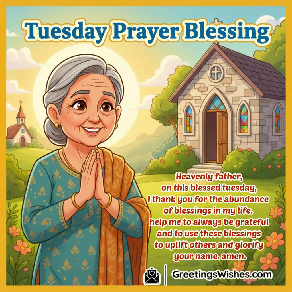 Tuesday Christian Prayer Blessing Image featuring a peaceful chapel sunrise scene, symbolizing gratitude, faith, and divine purpose.