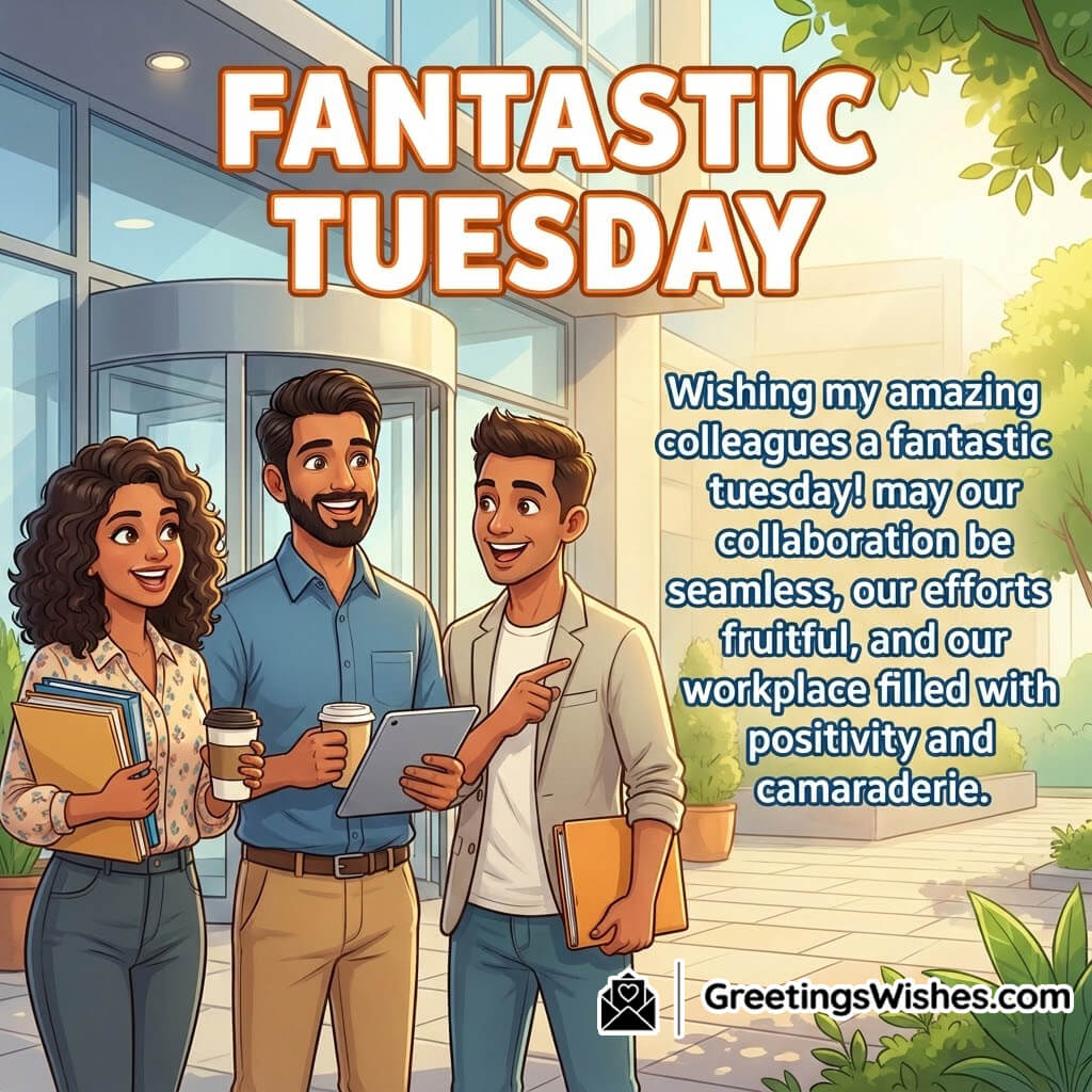 Tuesday Workplace Motivation Image featuring cheerful colleagues outdoors, symbolizing teamwork, productivity, and harmony.