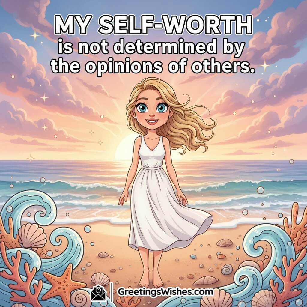 Unique Self-worth affirmation image with a confident woman at the beach sunrise and a creative coastal border symbolizing emotional freedom and inner strength.