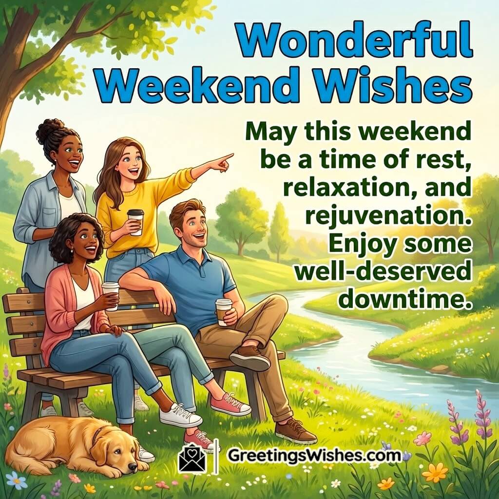 Wonderful Weekend Message Image For Colleagues featuring people enjoying relaxed time together, symbolizing balance, renewal, and positive work life harmony.